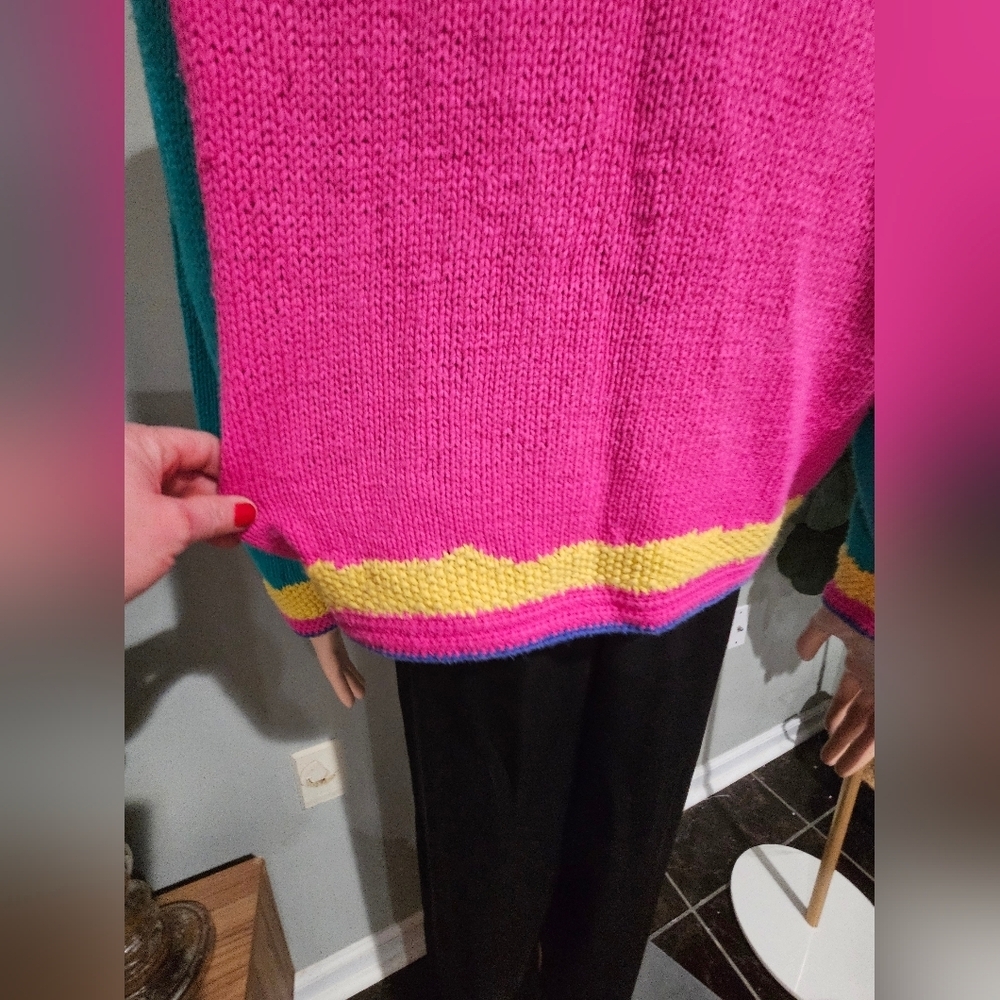 Vintage Hand Knit Beach Scene Cardigan – Statement Graphic Sweater. S/M - Picture 11 of 16